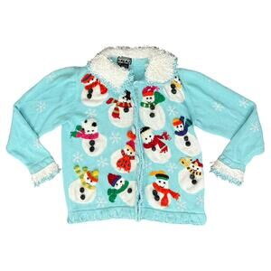 Vintage 90s Blue Snowman Fuzzy Collar Embroidered Ugly Christmas Sweater size S